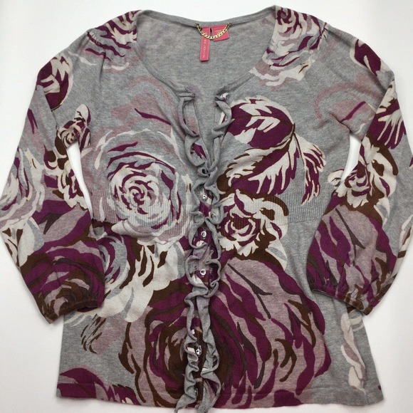 Charlotte Tarantola Sweaters - CHARLOTTE TARANTOLA Womens M Floral Print Button Cardigan Sweater Rhinestones